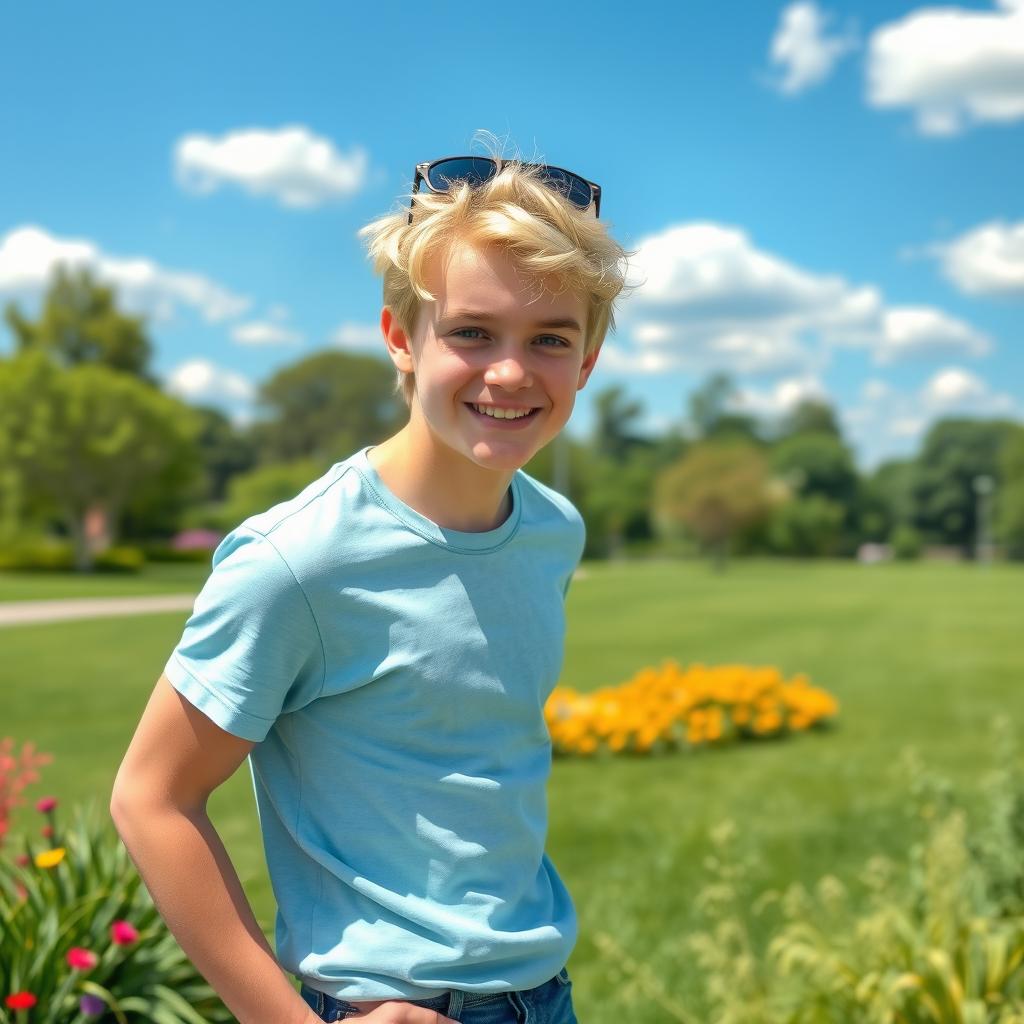 A cute blond guy with a bright smile, tousled hair, and a relaxed, casual outfit standing outdoors in a sunny park