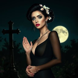 A full-length portrait of a beautiful 18-year-old BBW white girl with delicate flowers adorned in her black hair styled in an elegant updo