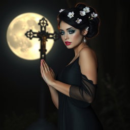 A full-length portrait of a beautiful 18-year-old BBW white girl with delicate flowers adorned in her black hair styled in an elegant updo