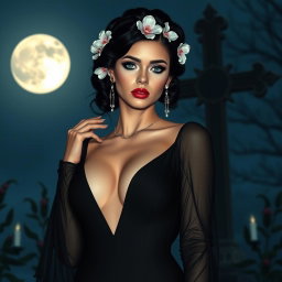 A full-length portrait of a beautiful 18-year-old BBW white girl with delicate flowers adorned in her black hair styled in an elegant updo