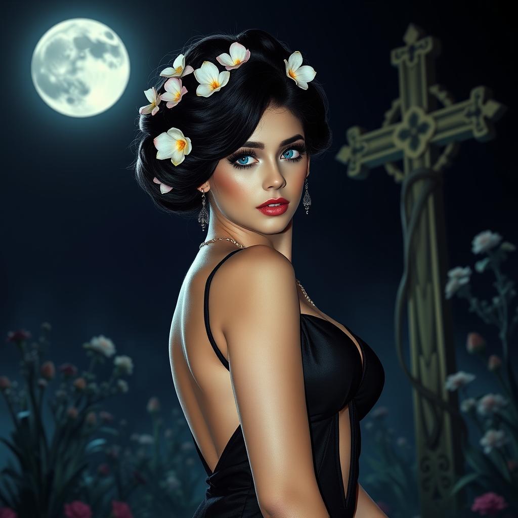A full-length portrait of a beautiful 18-year-old BBW white girl with delicate flowers adorned in her black hair styled in an elegant updo