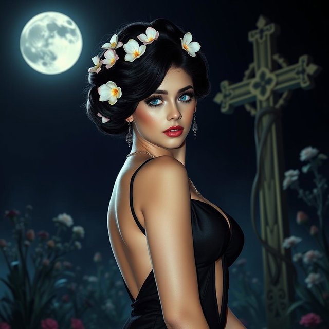 A full-length portrait of a beautiful 18-year-old BBW white girl with delicate flowers adorned in her black hair styled in an elegant updo