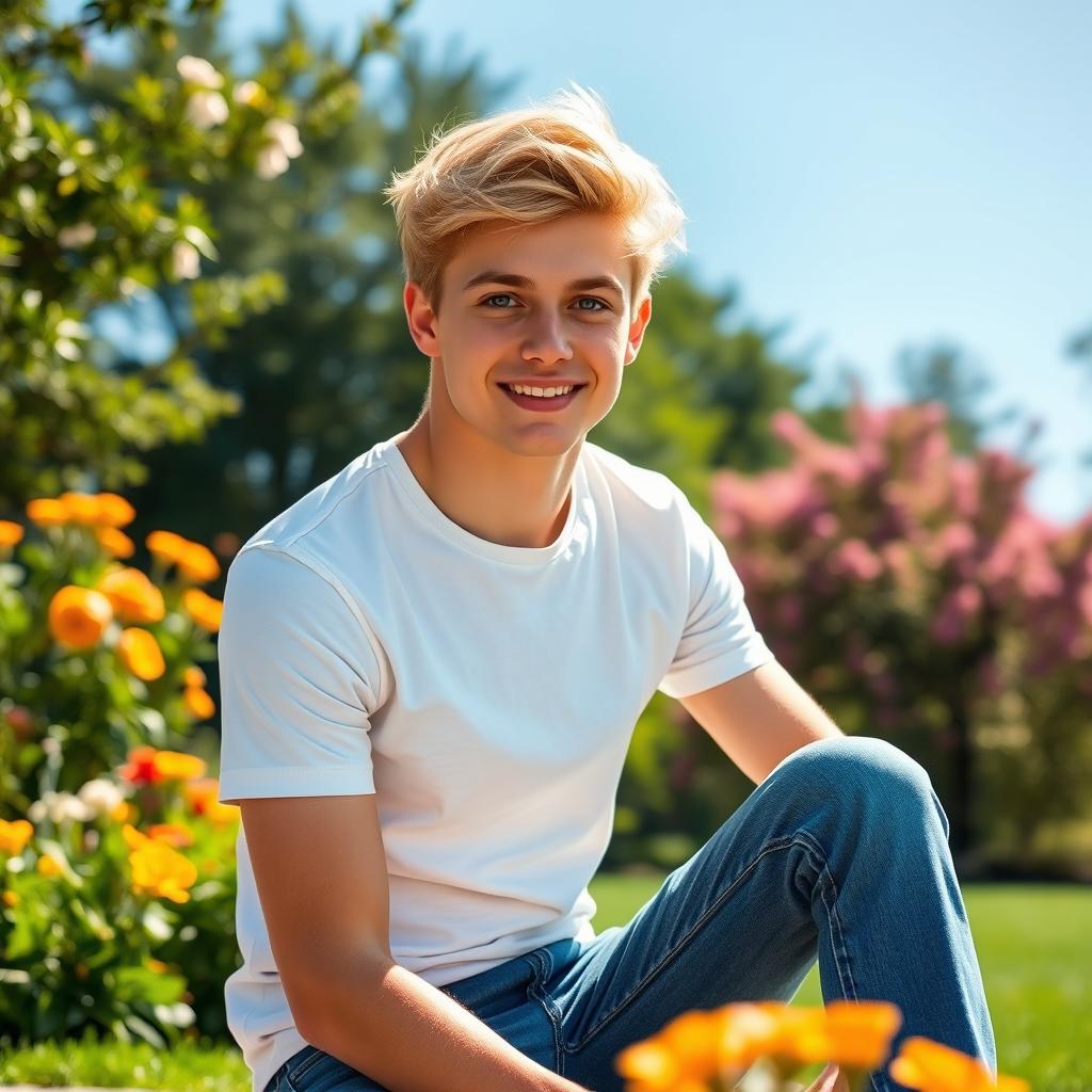 A cute blond guy with bright blue eyes, styled tousled hair, and a friendly smile