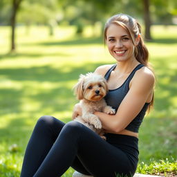 A beautiful image of a 30-year-old woman sitting outdoors, casually dressed in athletic wear, cradling her small dog in her lap