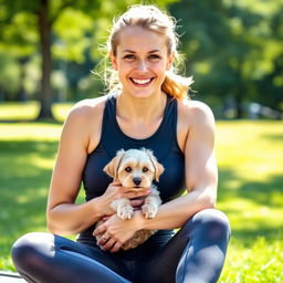 A beautiful image of a 30-year-old woman sitting outdoors, casually dressed in athletic wear, cradling her small dog in her lap