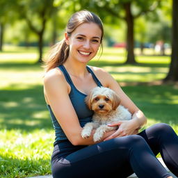 A beautiful image of a 30-year-old woman sitting outdoors, casually dressed in athletic wear, cradling her small dog in her lap