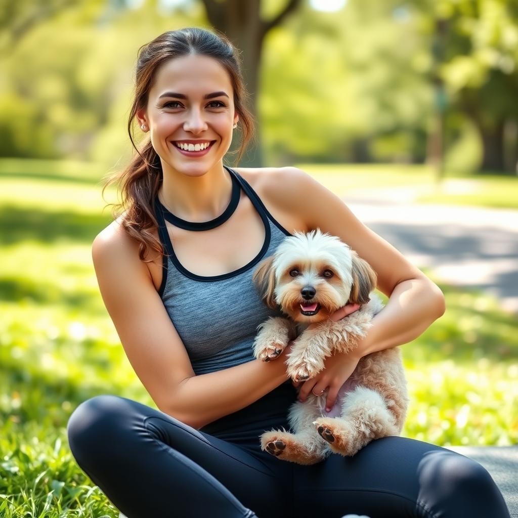 A beautiful image of a 30-year-old woman sitting outdoors, casually dressed in athletic wear, cradling her small dog in her lap
