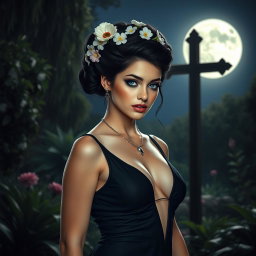 A full-length portrait of a beautiful 18-year-old BBW white girl with delicate flowers elegantly placed in her black updo hairstyle