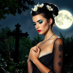 A full-length portrait of a beautiful 18-year-old BBW white girl with delicate flowers elegantly placed in her black updo hairstyle