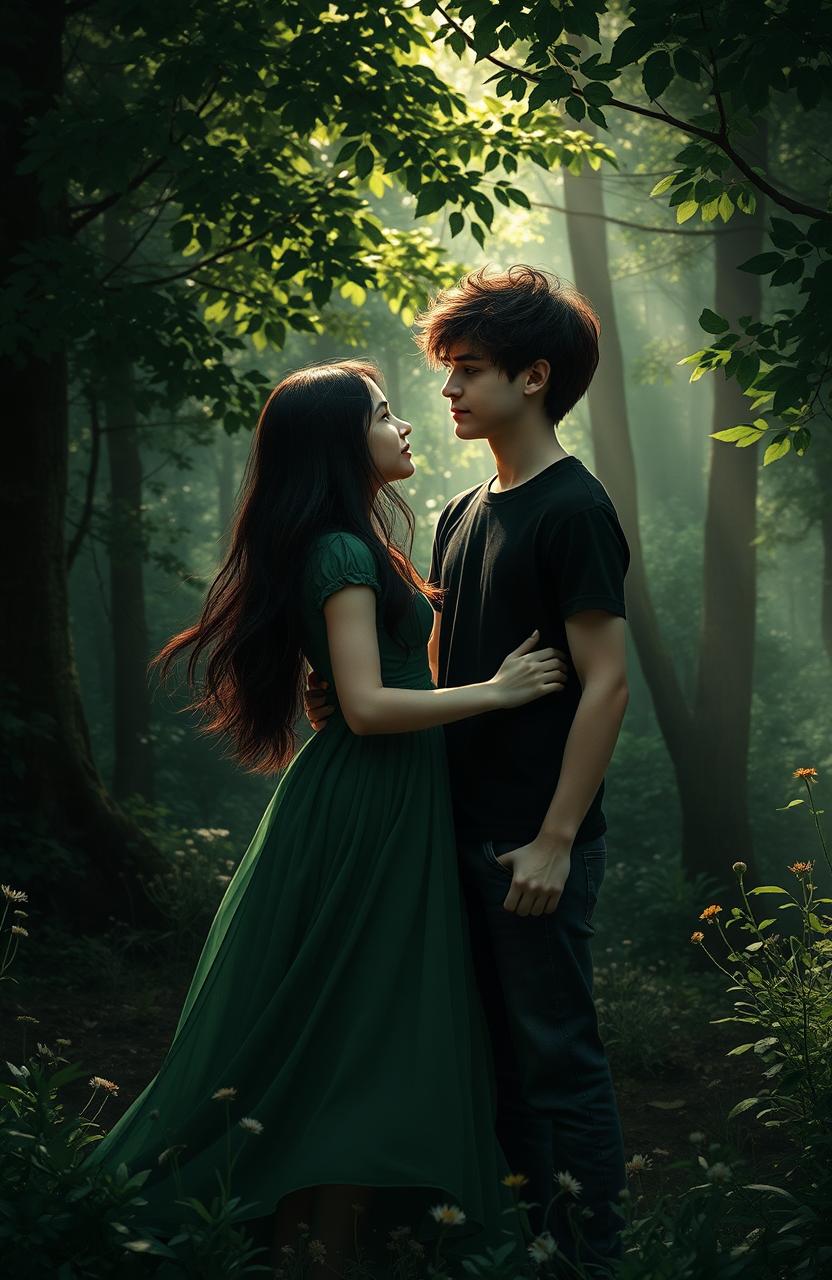 A dark green, romantic scene depicting a teenage couple in a forest glade