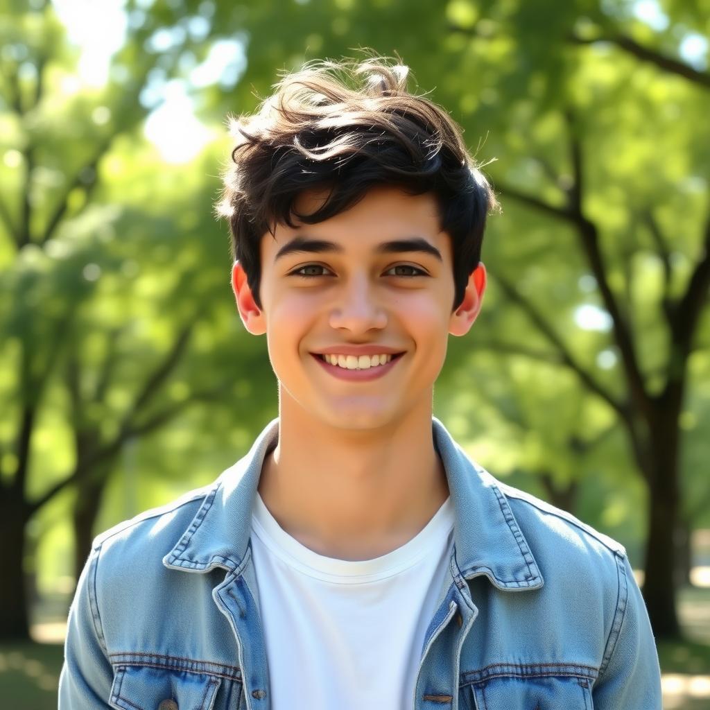 A charming and cute young man with short, tousled black hair, warm brown eyes, and a friendly smile
