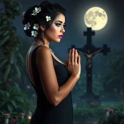 A full-length image of a beautiful 18-year-old BBW white girl featuring delicate flowers artfully arranged in her black hair styled in an elegant updo