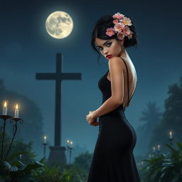 A full-length image of a beautiful 18-year-old BBW white girl featuring delicate flowers artfully arranged in her black hair styled in an elegant updo