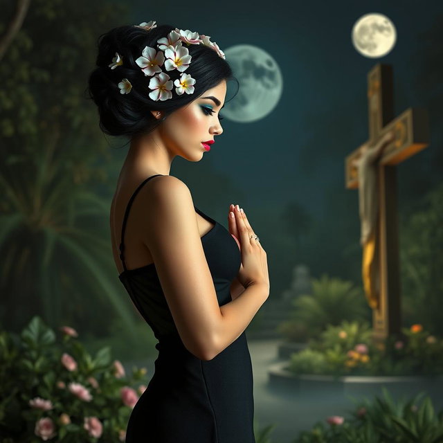 A full-length image of a beautiful 18-year-old BBW white girl featuring delicate flowers artfully arranged in her black hair styled in an elegant updo