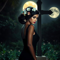 A full-length image of a beautiful 18-year-old BBW white girl, embodying innocence, with delicate flowers intricately styled in her black hair arranged in an elegant updo