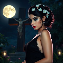 A full-length image of a beautiful 18-year-old BBW white girl, embodying innocence, with delicate flowers intricately styled in her black hair arranged in an elegant updo
