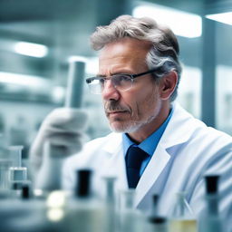 A close-up, realistic image of a engaged scientist in a well-equipped laboratory. The environment is filled with test tubes, microscopes, and other scientific equipment reflecting an atmosphere of precision and intense curiosity.