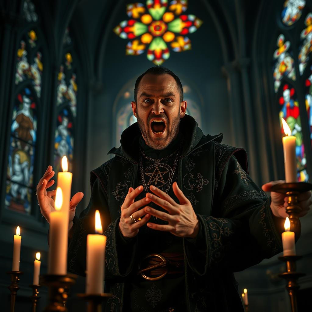 A satanic man enthusiastically performing a ritual inside a dimly lit church, surrounded by gothic architecture, ornate stained glass windows casting colorful shadows