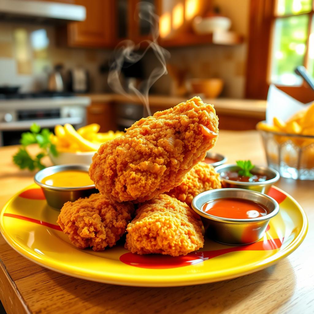 A delicious, golden-brown chicken nugget served on a vibrant plate