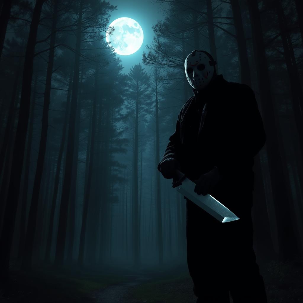 A dark and eerie forest at night, shadows of tall trees looming over a misty path