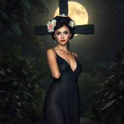A full-length image of a beautiful, innocent 18-year-old BBW white girl, adorned with delicate flowers intricately placed in her black hair styled in an elegant updo