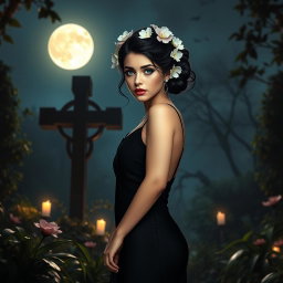 A full-length image of a beautiful, innocent 18-year-old BBW white girl, adorned with delicate flowers intricately placed in her black hair styled in an elegant updo