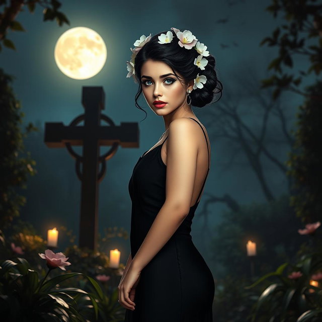 A full-length image of a beautiful, innocent 18-year-old BBW white girl, adorned with delicate flowers intricately placed in her black hair styled in an elegant updo