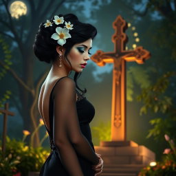 A full-length image of a beautiful, innocent 18-year-old BBW white girl, adorned with delicate flowers intricately placed in her black hair styled in an elegant updo