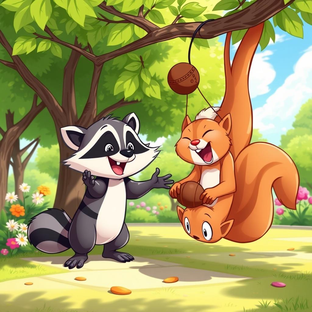 A playful and humorous cartoon-style scene set in a vibrant, colorful park