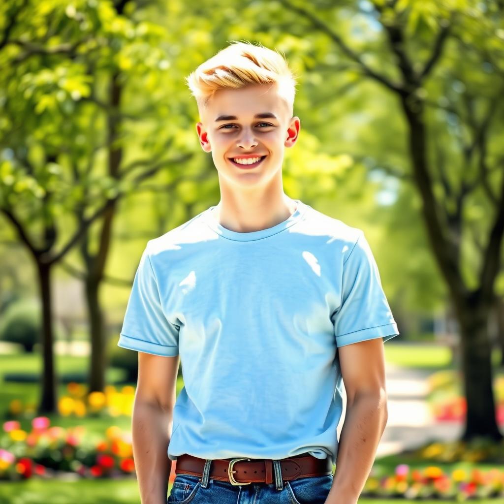 A charming young man with bright blond hair styled casually, wearing a light blue t-shirt and skinny jeans, standing in a sunlit park
