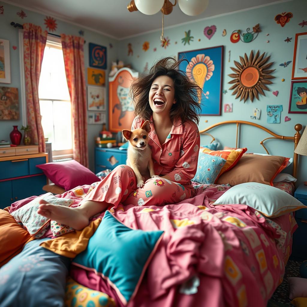 A surreal and humorous scene of a messy bedroom, where a woman, with a carefree smile, is sitting on a colorful, unmade bed surrounded by scattered pillows and blankets