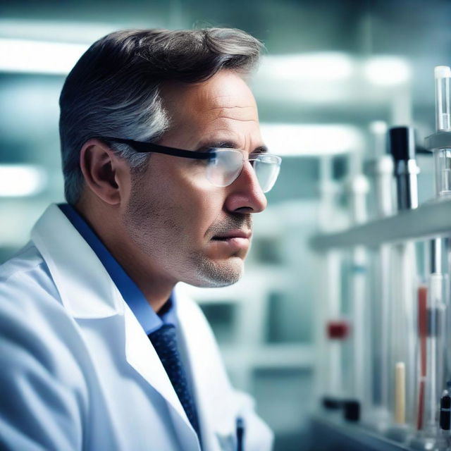 A close-up, realistic image of a engaged scientist in a well-equipped laboratory. The environment is filled with test tubes, microscopes, and other scientific equipment reflecting an atmosphere of precision and intense curiosity.