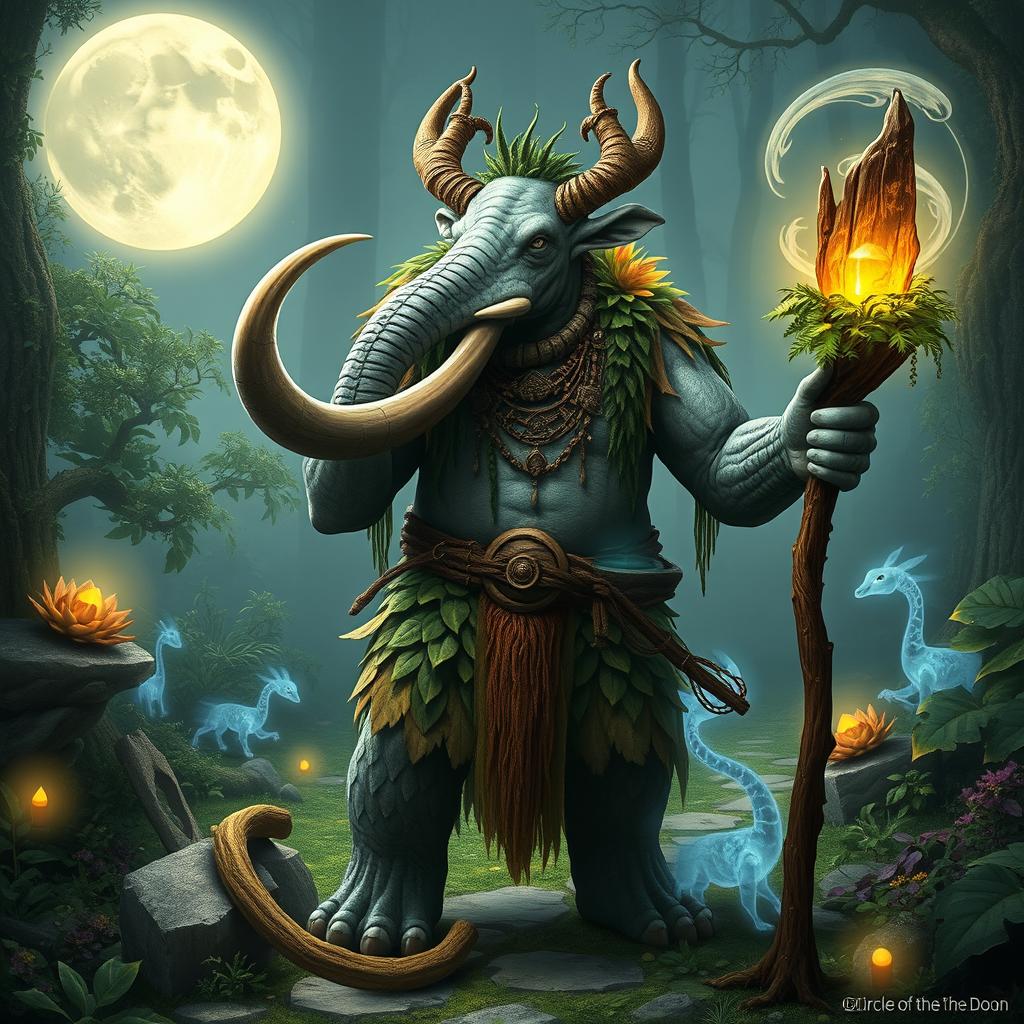 A powerful Loxodon druid, representing the Circle of the Moon, stands majestically in an enchanted forest bathed in the light of a full moon