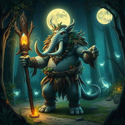 A powerful Loxodon druid, representing the Circle of the Moon, stands majestically in an enchanted forest bathed in the light of a full moon
