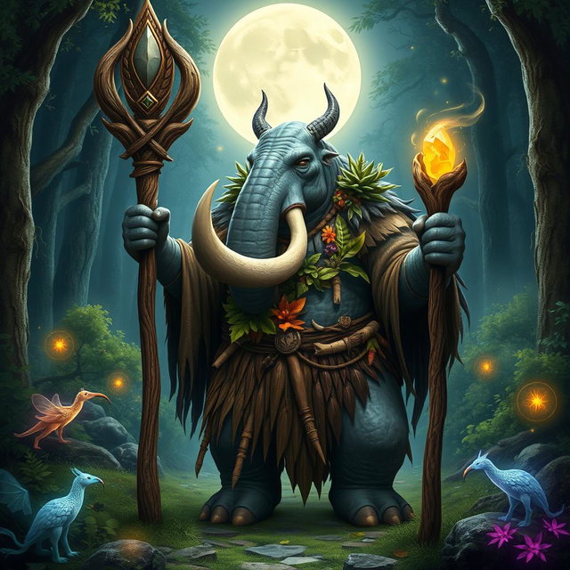 A powerful Loxodon druid, representing the Circle of the Moon, stands majestically in an enchanted forest bathed in the light of a full moon