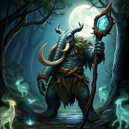 A powerful Loxodon druid, representing the Circle of the Moon, stands majestically in an enchanted forest bathed in the light of a full moon