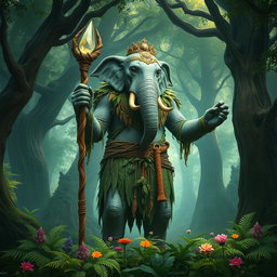 An imposing Loxodon druid standing majestically in a lush, ancient forest