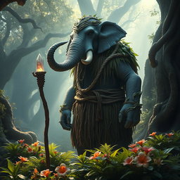An imposing Loxodon druid standing majestically in a lush, ancient forest