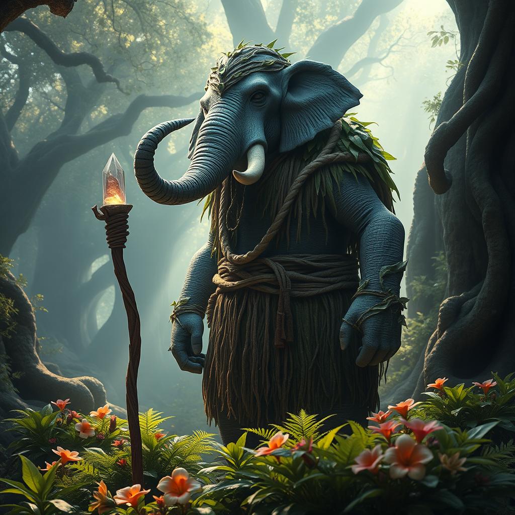 An imposing Loxodon druid standing majestically in a lush, ancient forest