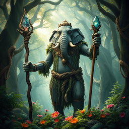 An imposing Loxodon druid standing majestically in a lush, ancient forest