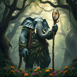 An imposing Loxodon druid standing majestically in a lush, ancient forest