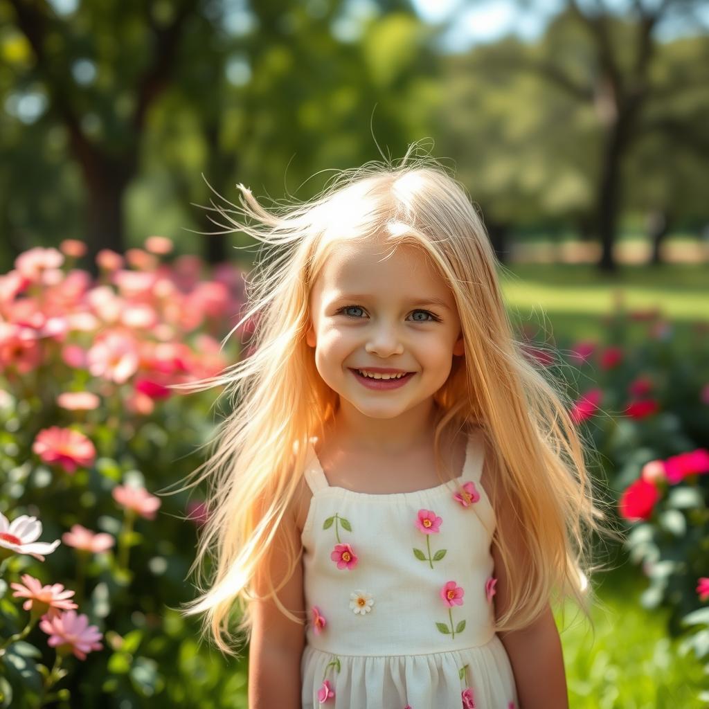 A cute girl with long, flowing blonde hair that shines in the sunlight, her eyes sparkling with joy