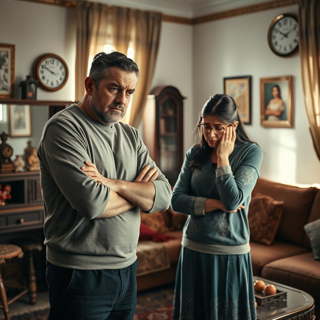 A dramatic scene depicting a 39-year-old man from Zanjan, standing at 180 cm tall, showing his frustration as he interacts with his wife from Tabriz