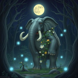 A powerful loxodon druid standing amidst a moonlit forest, embodying the spirit of the Moon Circle