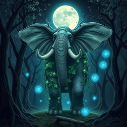 A powerful loxodon druid standing amidst a moonlit forest, embodying the spirit of the Moon Circle