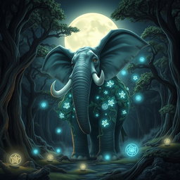 A powerful loxodon druid standing amidst a moonlit forest, embodying the spirit of the Moon Circle