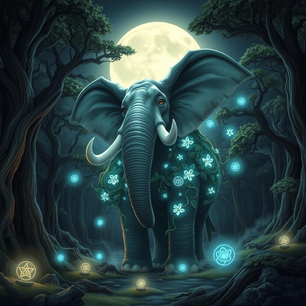 A powerful loxodon druid standing amidst a moonlit forest, embodying the spirit of the Moon Circle