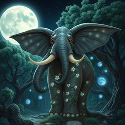A powerful loxodon druid standing amidst a moonlit forest, embodying the spirit of the Moon Circle