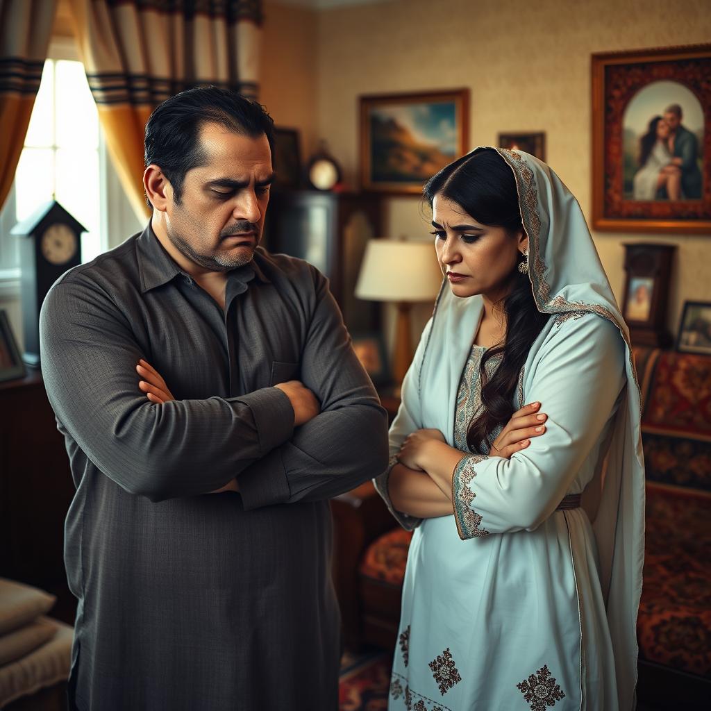 A poignant scene showcasing a 39-year-old man from Zanjan, standing at 180 cm tall, exhibiting frustration towards his wife from Tabriz in a domestic setting