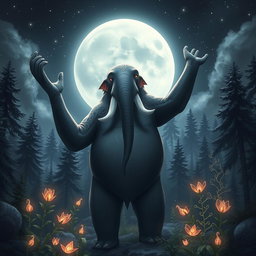 A majestic loxodon druid standing proudly under a full moon, surrounded by a mystical forest